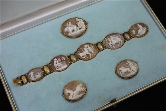 A 19th century gold mounted cameo demi parure, in fitted Tessiers box, bracelet 7in.